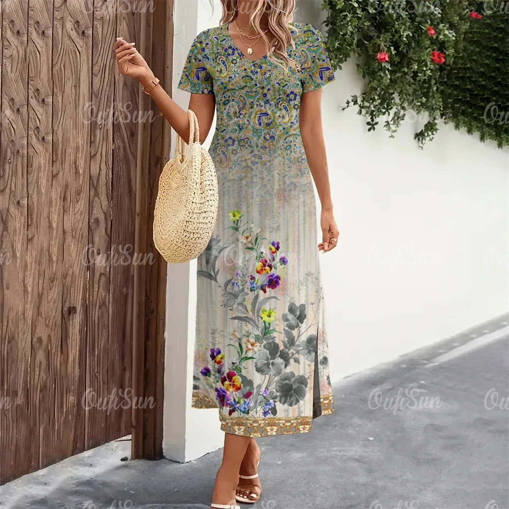 2024 New Women's Dresses Floral Print Summer Elegant Midi Dresses Vacation Feamle Folk Dress Fashion Oversized Clothes Plus Size