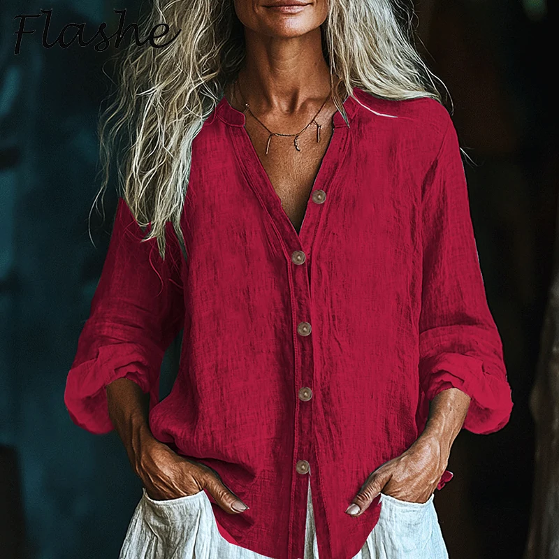 

Spring Summer Casual Long Sleeve Shirt Blouses Women Solid Color Cotton Line Loose Button Shirts For Women Tops