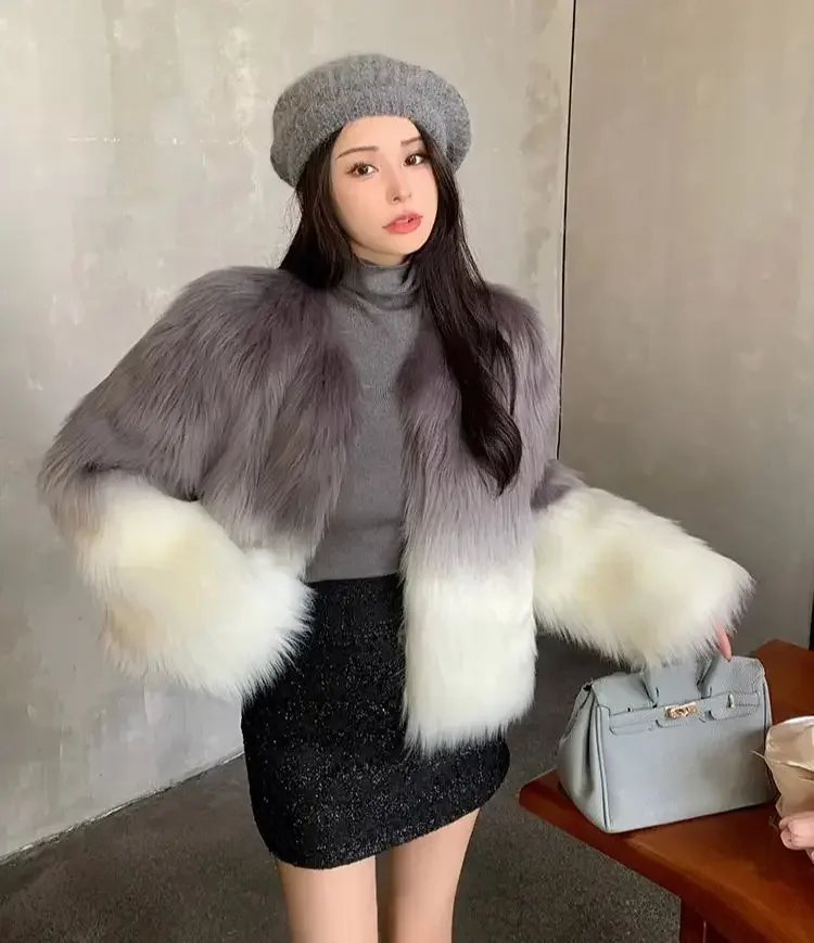 FANIECES Fashion Gradient Faux Fox Fur Coat Cardigan Winter Tops Outerwear Long Sleeve O Neck Fluffy Luxury Feather Jacket 코트