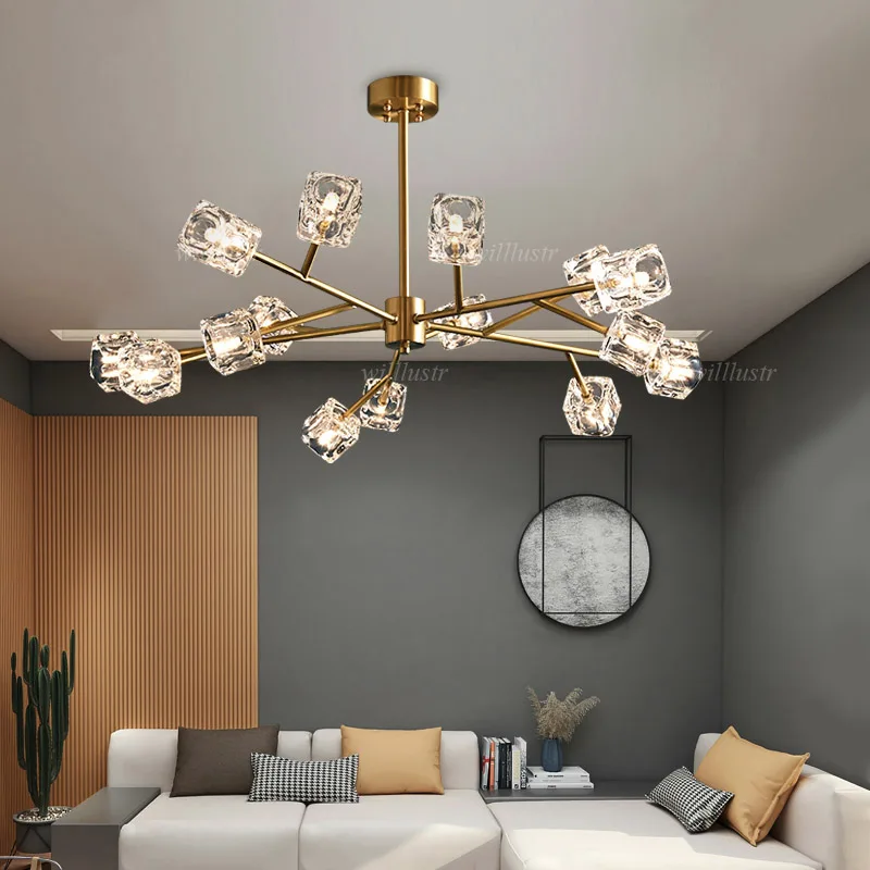 Crystal Square Shade Pendant Lamp Luxury Copper Suspension Light Hotel Mall Sitting Bedroom Molecular Hanging Ceiling Chandelier