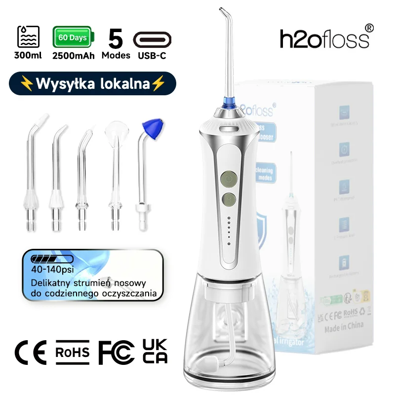 H2ofloss Bezprzewodowy Przenośny Irygator do Jamy Ustnej, 300ml, 5 Trybów, 5 Końcówek, IPX7, 2500mAh, 60 Dni Użytkowania, Wysokie Ciśnienie
