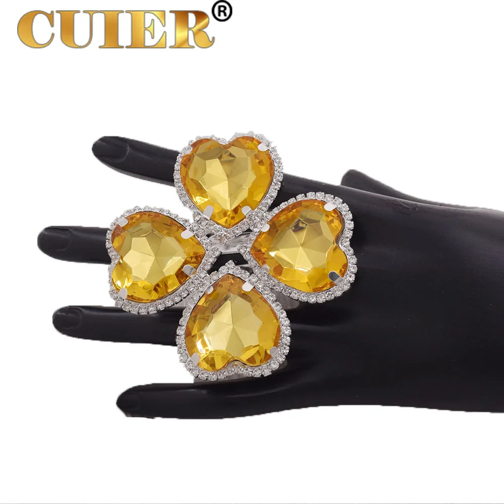 

Cuier 7cm Aurora Borealis Crystals Oversized Statement Ring Drag Queen Jewelry Four leaf clover cute heart precious stone