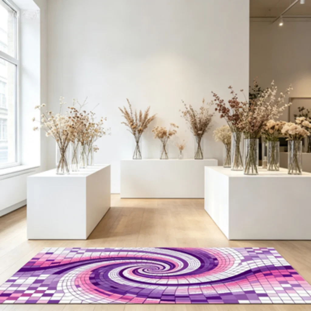 Green White Checkerboard Rug, Retro Plaid Living Room Carpet, Purple Pink Spiral Art Carpet, Pink Green Block Rug.