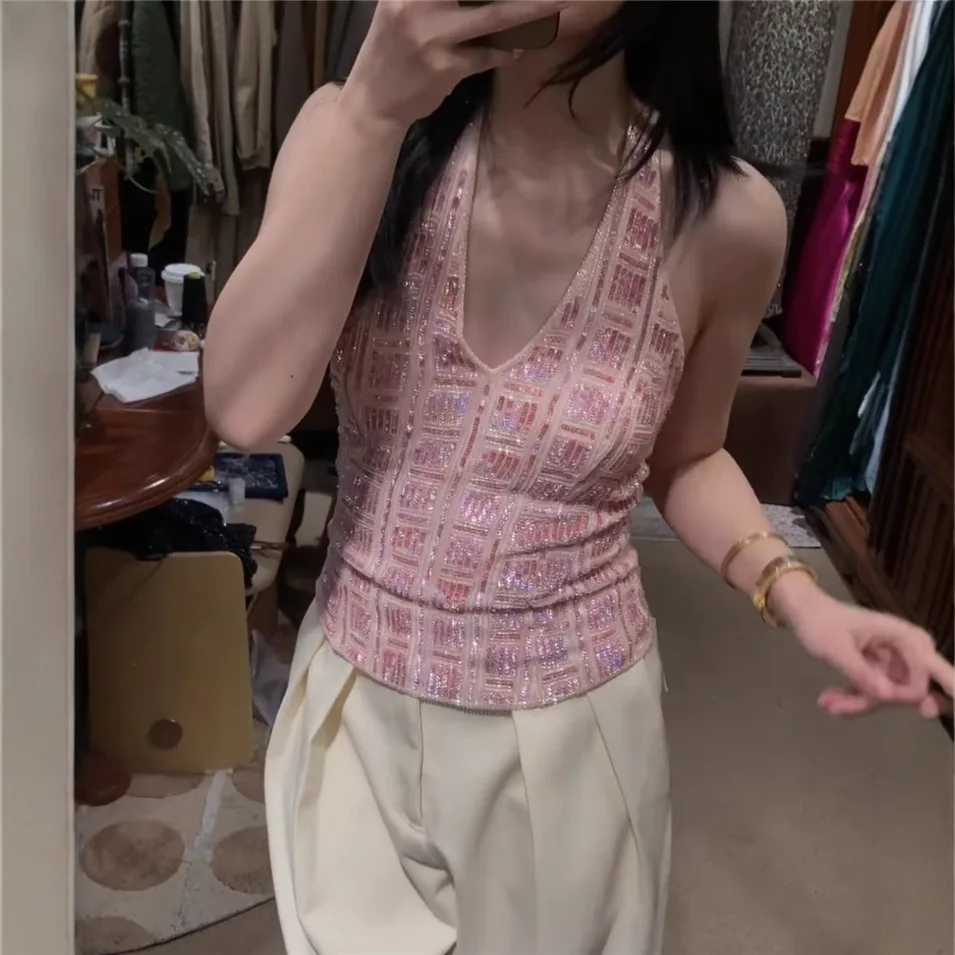 

8055, розовый жилет, новый летний топ с v-образным вырезом и лямкой на шее, открытой спиной и блестками, облегающий топ с изогнутыми бретелями
