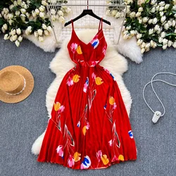 YuooMuoo Chic Fashion Flower Print Long Dress Summer High Waist Spaghetti Strap Backless Vacation Pleated Dress Beach Vestidos