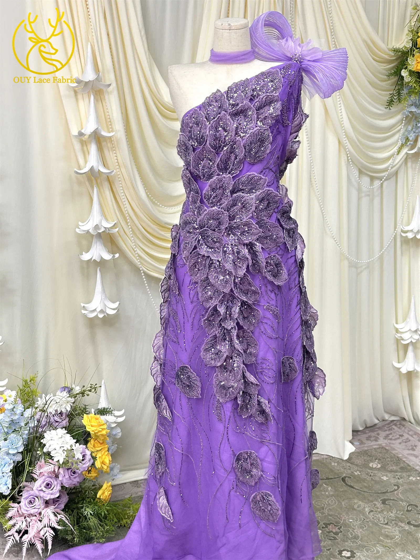 Nigerianischer 3D-Stickerei-Blatt-Spitzenstoff 5 Yards Afrikanische DIY-Stickerei Perlen-Pailletten-Spitze Tüll-Netzspitze Damen-Abendkleid – Detail 7
