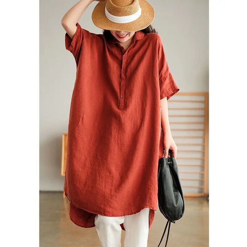 Women\'s 2024 Summer Pullover Turndown Collar Patchwork Button Split On Both Sides Fashionable Solid Color Long Shirt Skirt