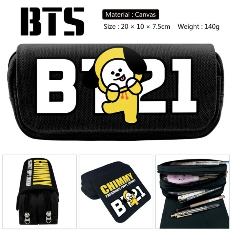 

Cartoon BT21 series cute creative patterns, new fashion large-capacity double-layer flip canvas pencil case for boys and girls