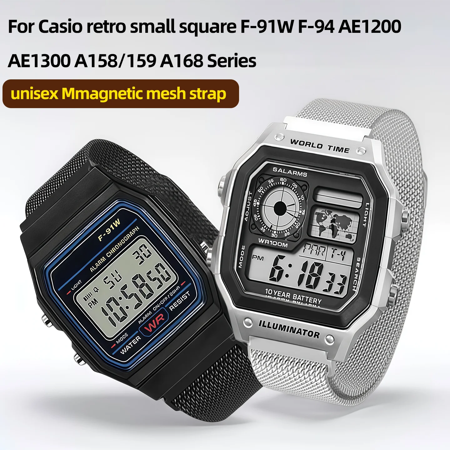 

For Casio retro small square F-91W F-94 AE1200 AE1300 A158/159 A168 Series unisex Mmagnetic mesh strap watch chain steel strap