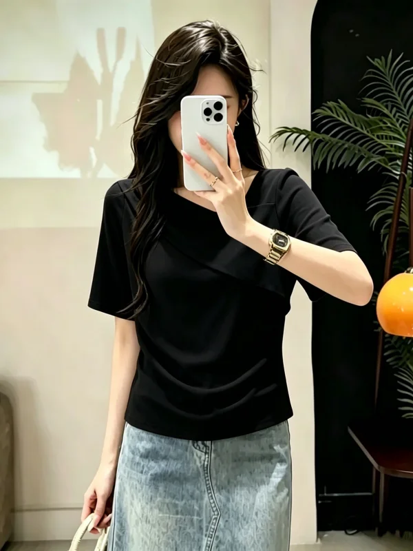 Summer 2026 Women's Casual Cotton T-shirt Short Sleeve Patchwork  Color Versatile Shoulder Length Diagonal Collar Top