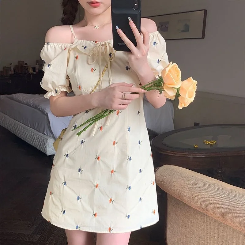 

Sweet Floral Dresses Women Puff Sleeve High Waist Versatile Fashion Office Lady 2024 Summer Korean Style New Short Dress Female