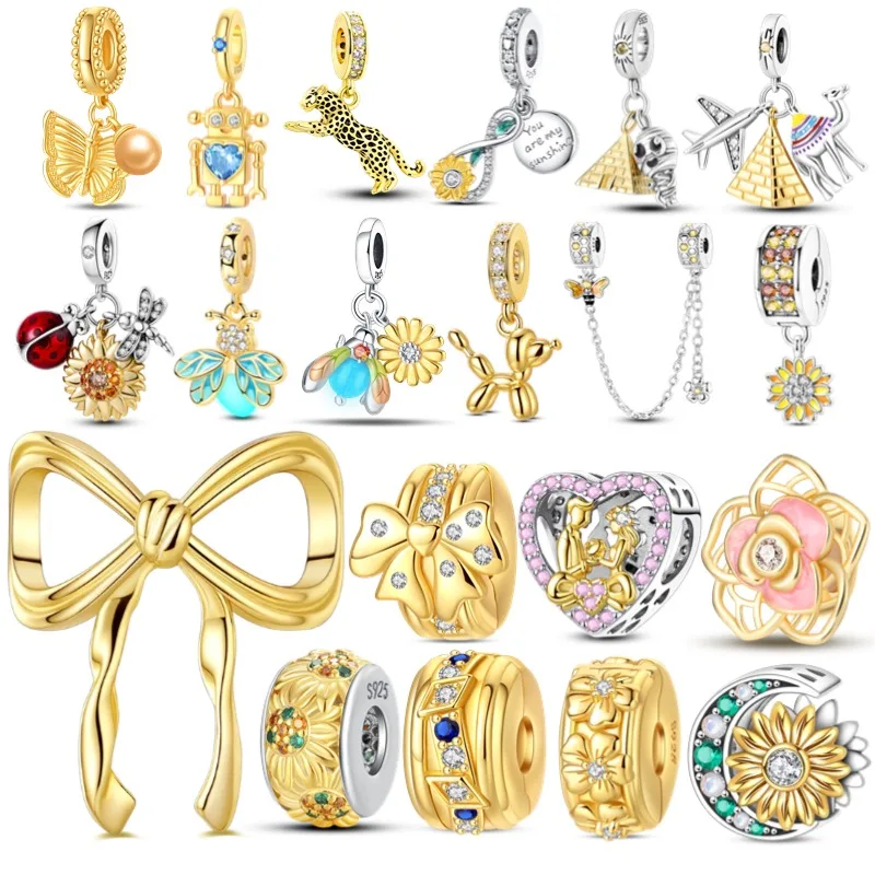 Original 925 Sterling Silver Gold Series Charms Bead Sunflower Dogs Leopard Firefly Pendants Fit Bracelet Jewelry Gift Marking