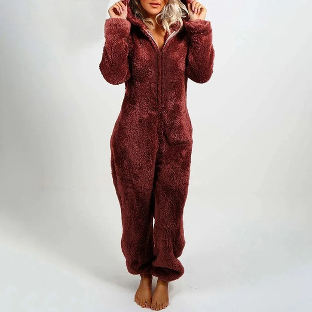 Mujer Pajamas 2020 Women's Hat One Sies Sleepwear Hooded Warm Clothes Zipper Long-Sleeve Plush Romper Winter Fleece New