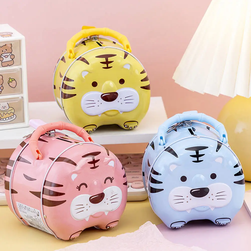 漫画風トラの貯金箱ブリキ製コインマネーバンク子供用コイン貯金ポットデスクトップデコレーション子供用マネーボックスブリキ製貯金ポット