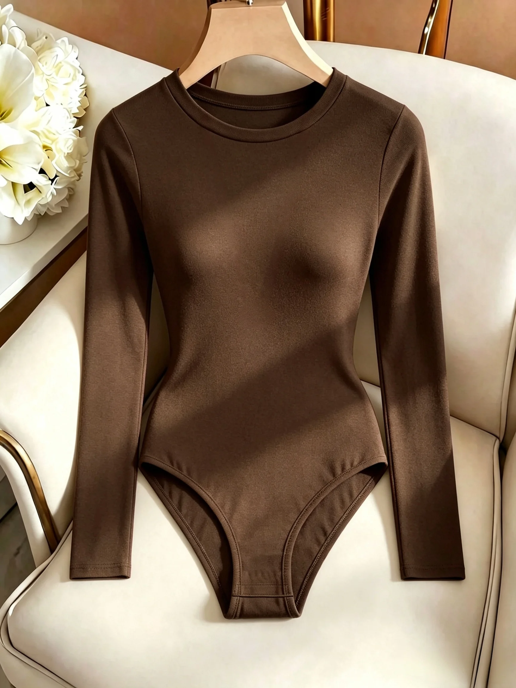 Damen-Body mit Rundhalsausschnitt und langen Ärmeln, hoch geschnitten, schmal geschnitten, figurbetont, Y2K, sexy, lässig, Basic, einteiliges Oberteil – Detail 24