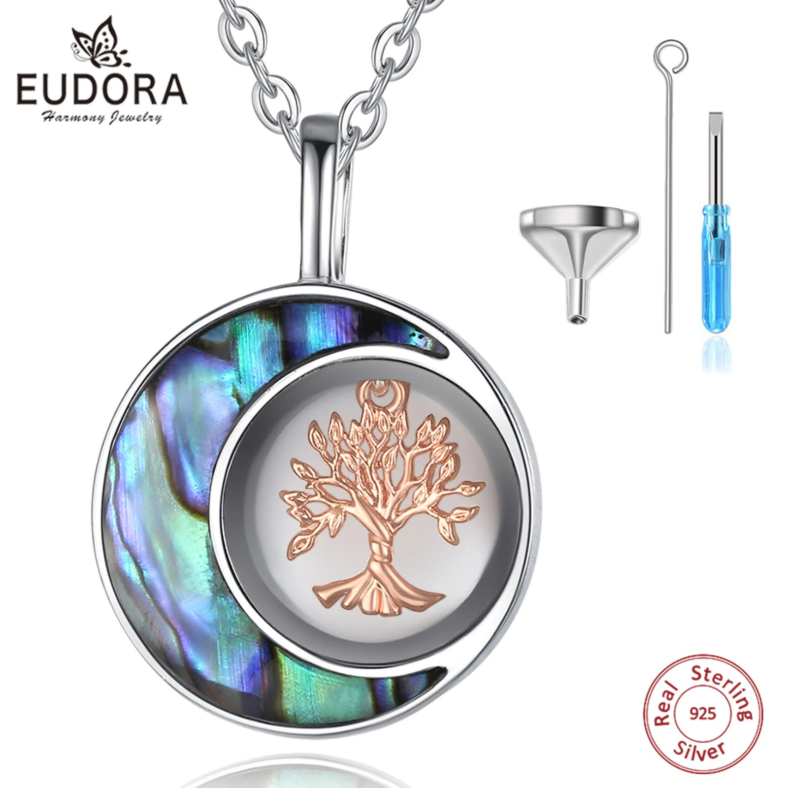 Eudora Sterling Silver Tree of Life Cremation Memorial Ashes Urn Moon Natural Bbalone Shell Necklace Jewelry Keepsake for Women