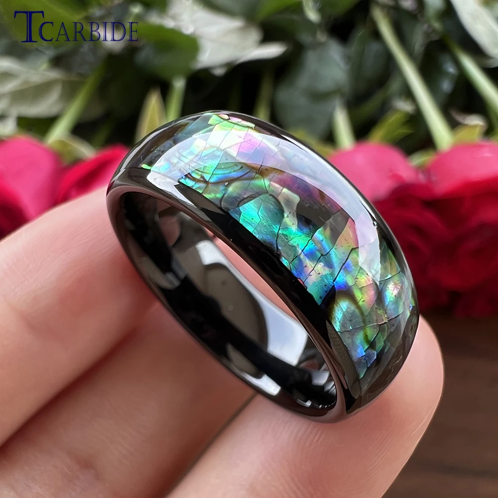 8MM Cool Abalone Shell Ring Black Men Women Tungsten Wedding Bands Domed Polished Male Female Perfect Gift Jewelry Comfort Fit