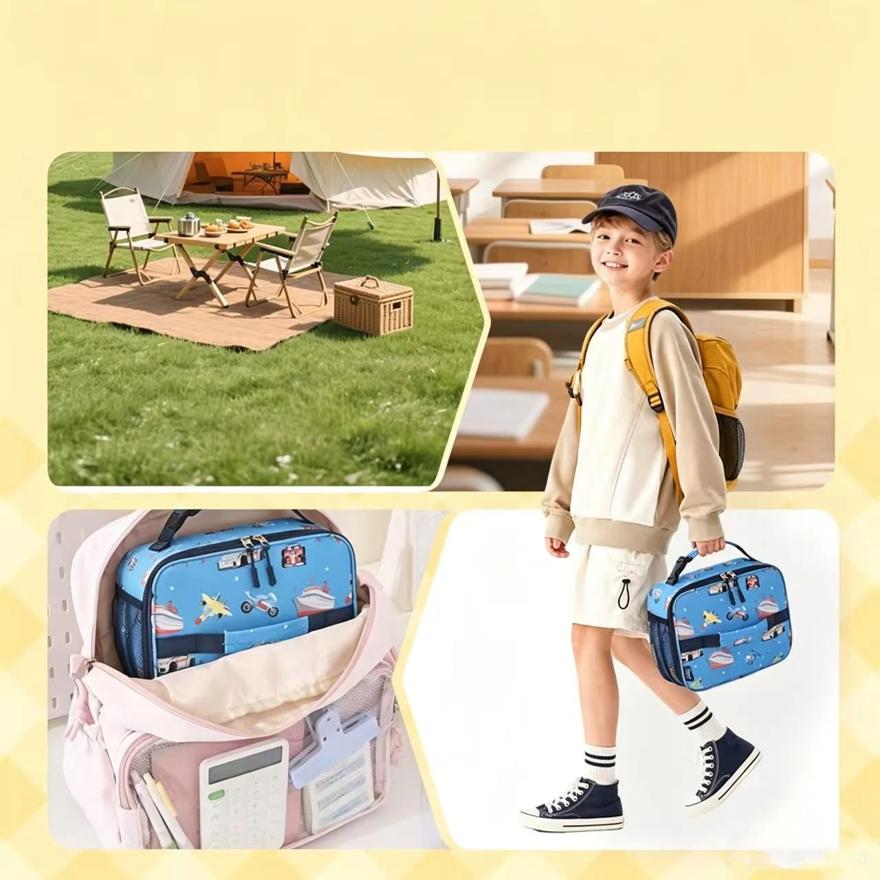 Isolierte Cartoon-Lunchbox für Kinder, niedliche bedruckte Lebensmittel-Handtasche, tragbare Thermo-Lunch-Tasche, Frischhalte-Tasche für Schüler – Detail 4