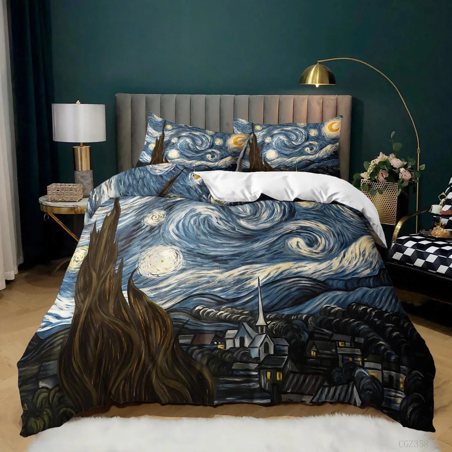 Starry Night Van Gogh Duvet Cover Set Queen Size,Oil Painting Famous Modern Classic Sky Star Art,Decorative 3 Piece Bedding Set