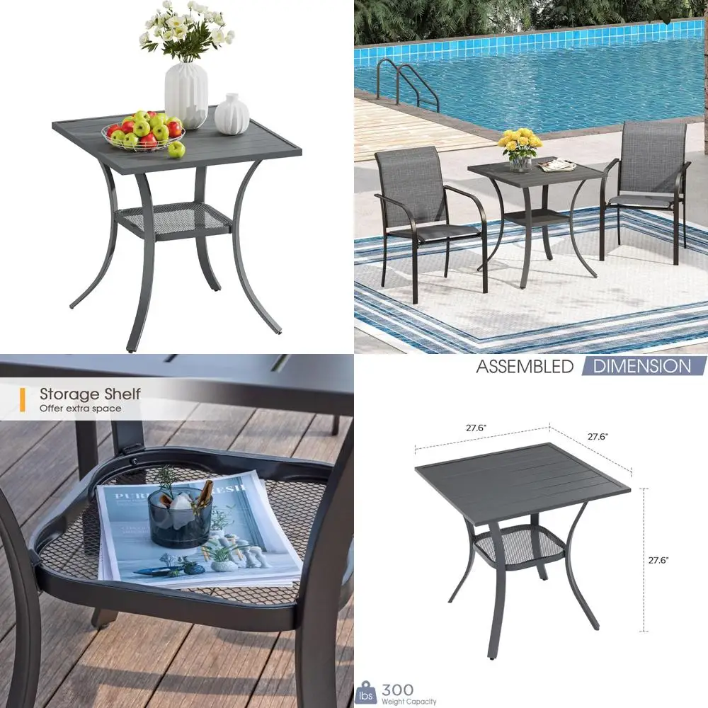 Outdoor Patio Dining Table, 28" Square Metal Slatted with Storage Shelf, Ideal for Front Porch, Deck, Lawn, and Garden without U