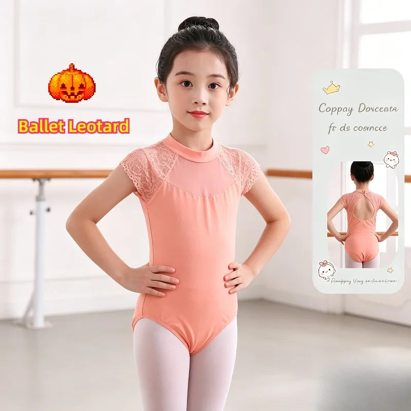 

Kids Ballet Leotard Lace Mesh Splice Gymnastics Leotard Summer Dancewear for Children Training Folk Dance Costume Suit For Girls