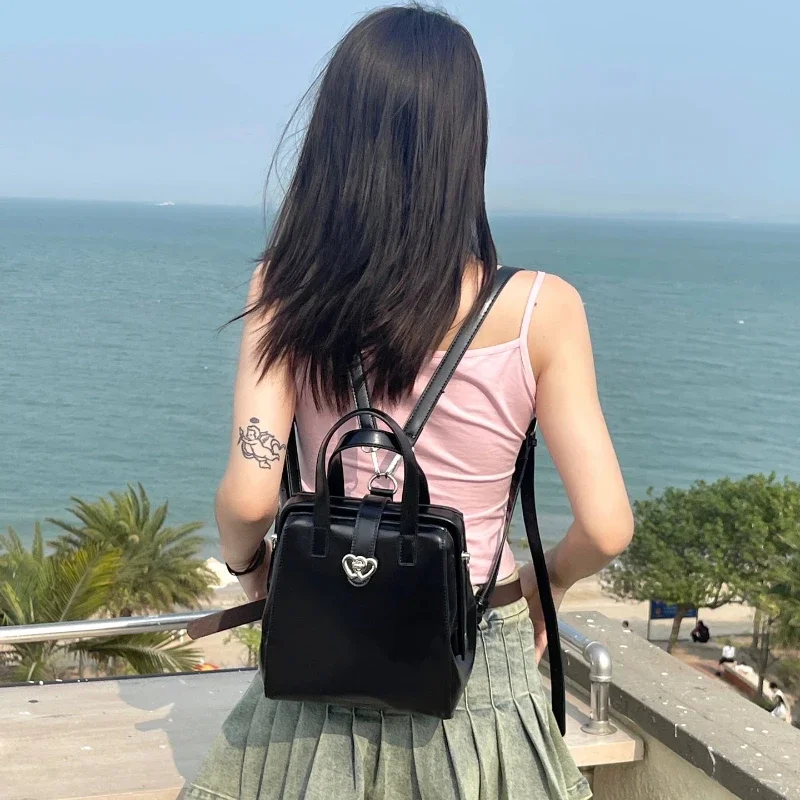 Y2k College Style Women‘s Handbag Heart Lock Buckle Trapezoid Sweet Cool Backpack Advanced Pu Fashio Black Messenger Bags