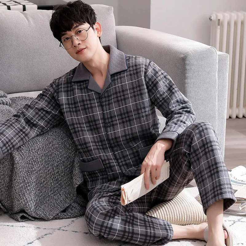 Men's three-layer thin cotton men's pajamas cardigan collar plaid long sleeved men's home wear winter men's home wear