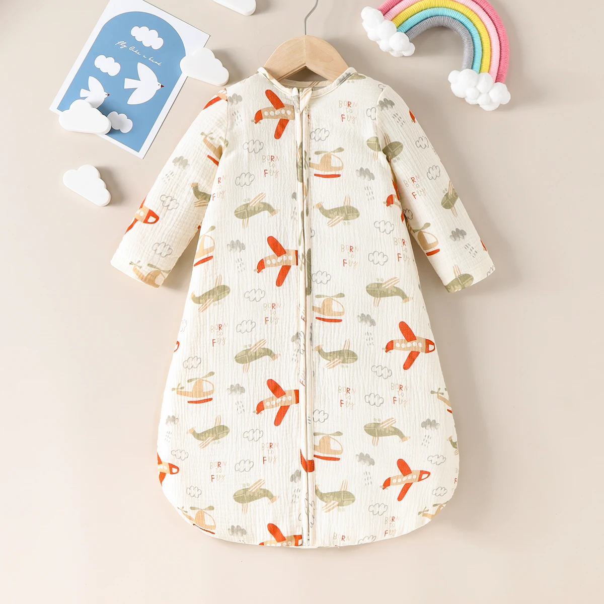 

Детский спальный мешок из морщинистой ткани из чистого хлопка с тонкой молнией и длинными рукавами, подходящий для милых и игривых весенней и лета