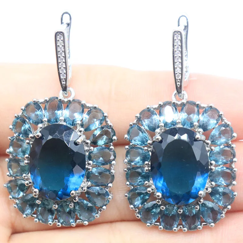 

40x24mm 12.2g Dark London Blue Topaz CZ Women Wedding Silver Dangle Earrings