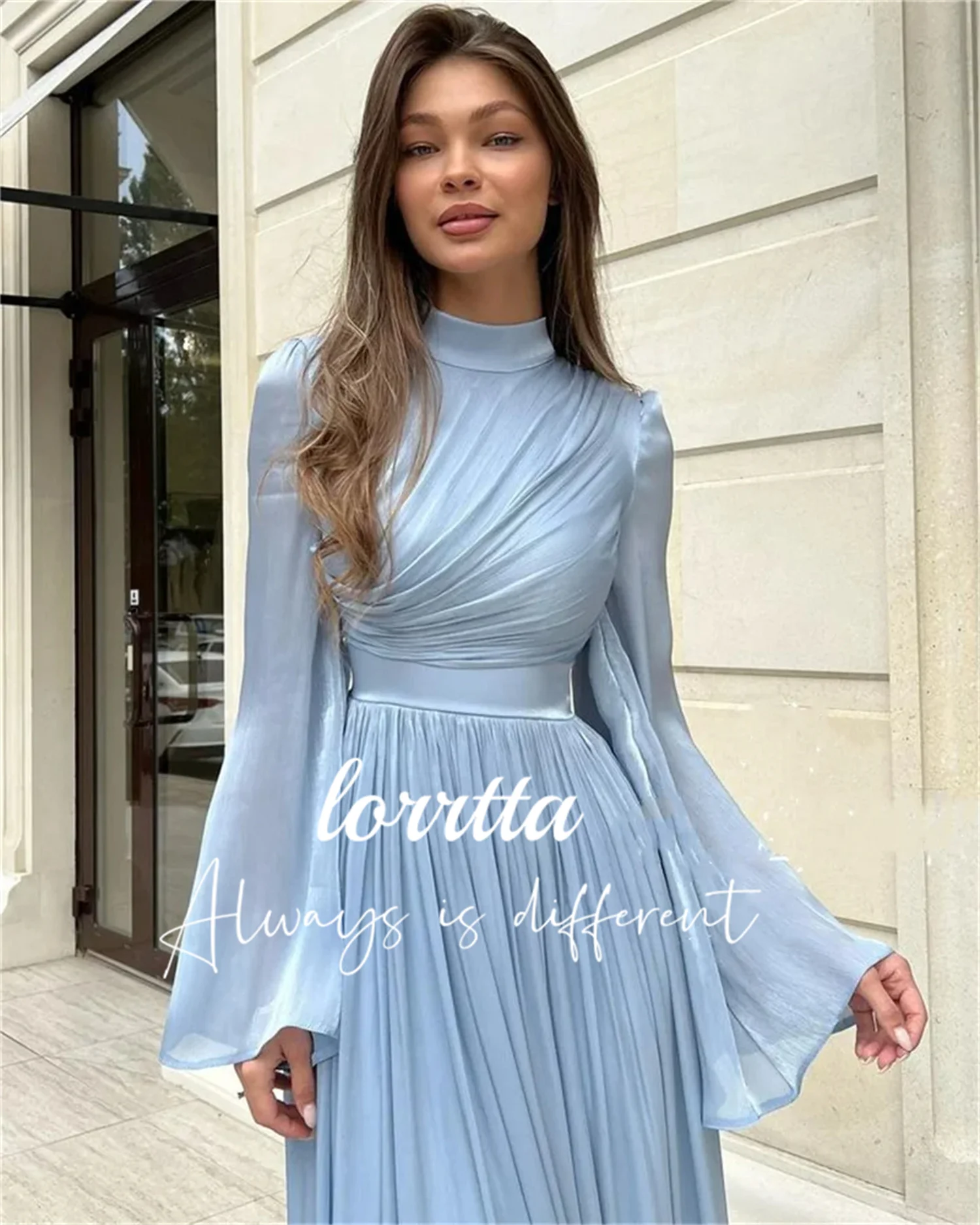 Blue Chiffon Ball Gown Long Sleeve Customized Gown Evening Gown Party Dress Elegant Saudi Arabia فساتين للحفلات الراقصة السهرة