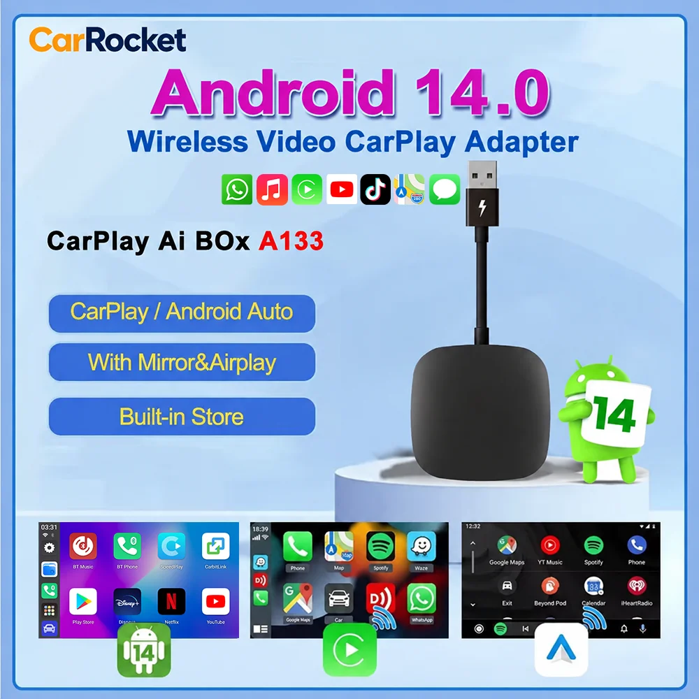 Android 14 CarPlay Ai Box CarRocket Wireless Android Auto 4in1 USB Adapter For Youtube Netflix Universal TV Box Plug And Play