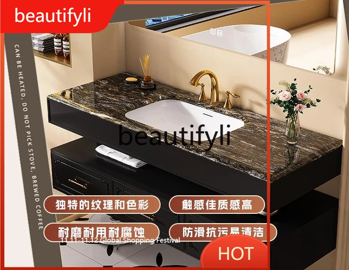 

Platinum diamond luxury stone ceramic basin light luxury style rubber wood bathroom cabinet washstand D80