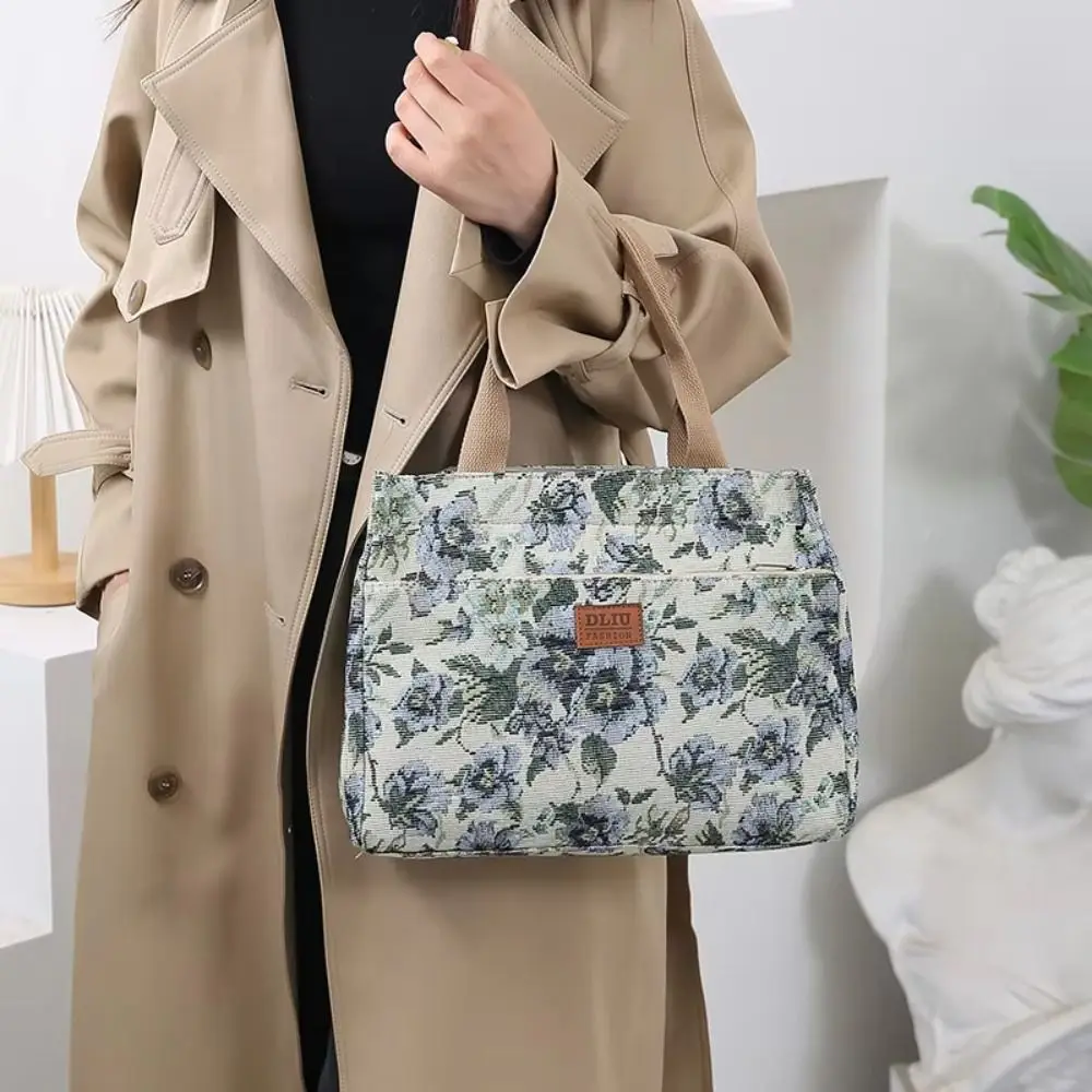 Bolso de mano portátil con estampado Floral para mujer, bolsa de almuerzo gruesa de lona con cremallera, bolso de Jacquard de gran capacidad