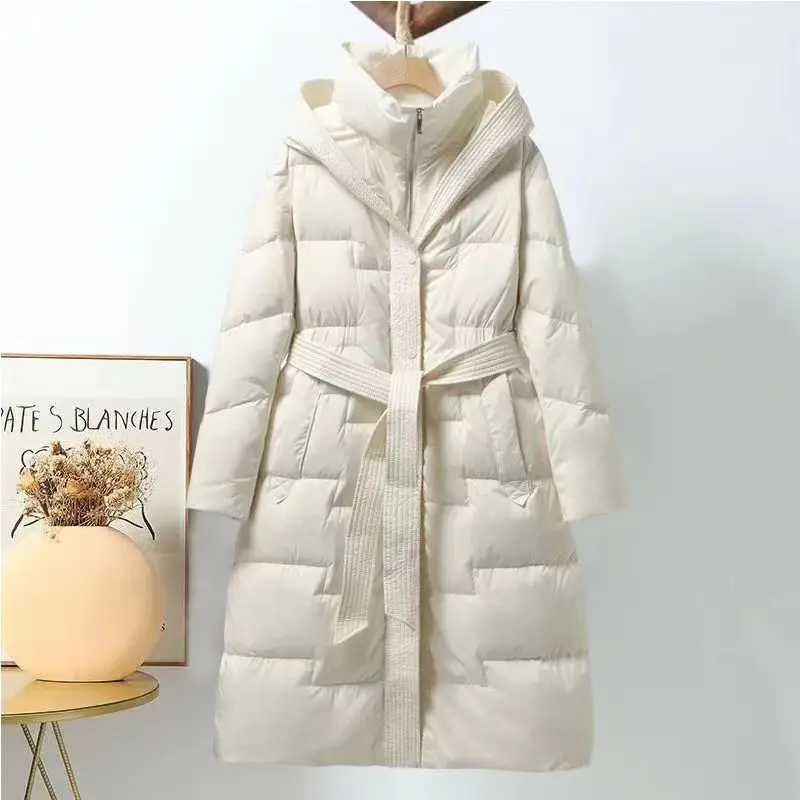 2024 Fashion Winter Fall Women High Waisted Black Beige White Duck Down Feather Coat , Woman Warm Hooed Middle Length Coats