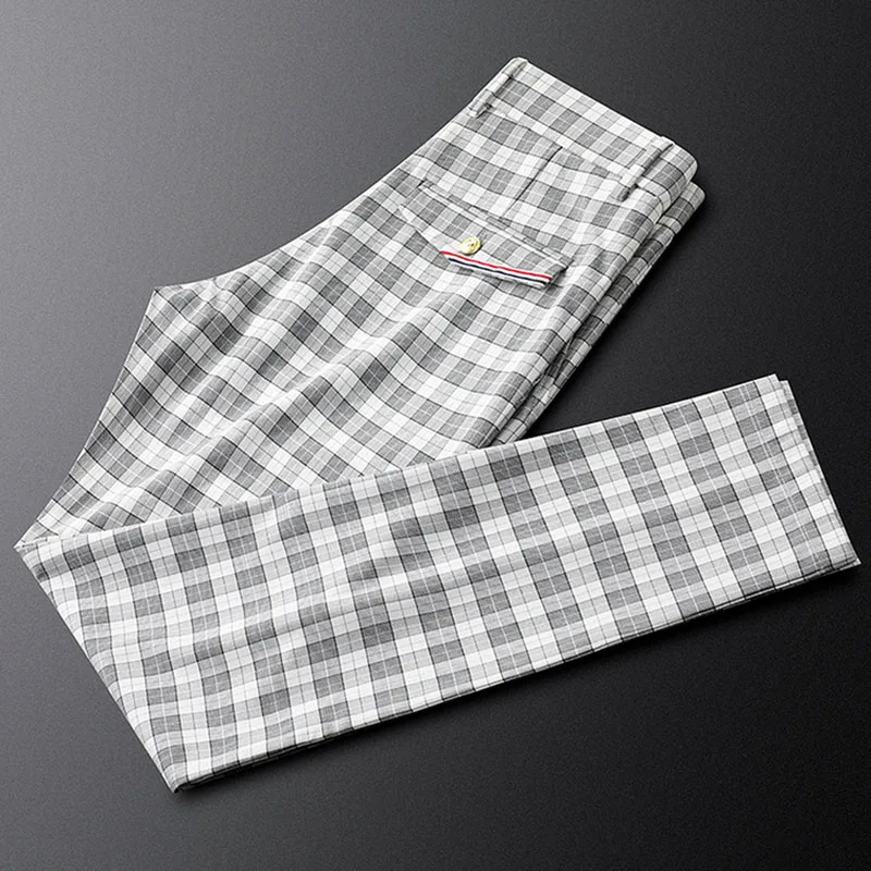 Black and white casual business pants men's summer thin style small feet slim fit yarn-dyed plaid men's pants