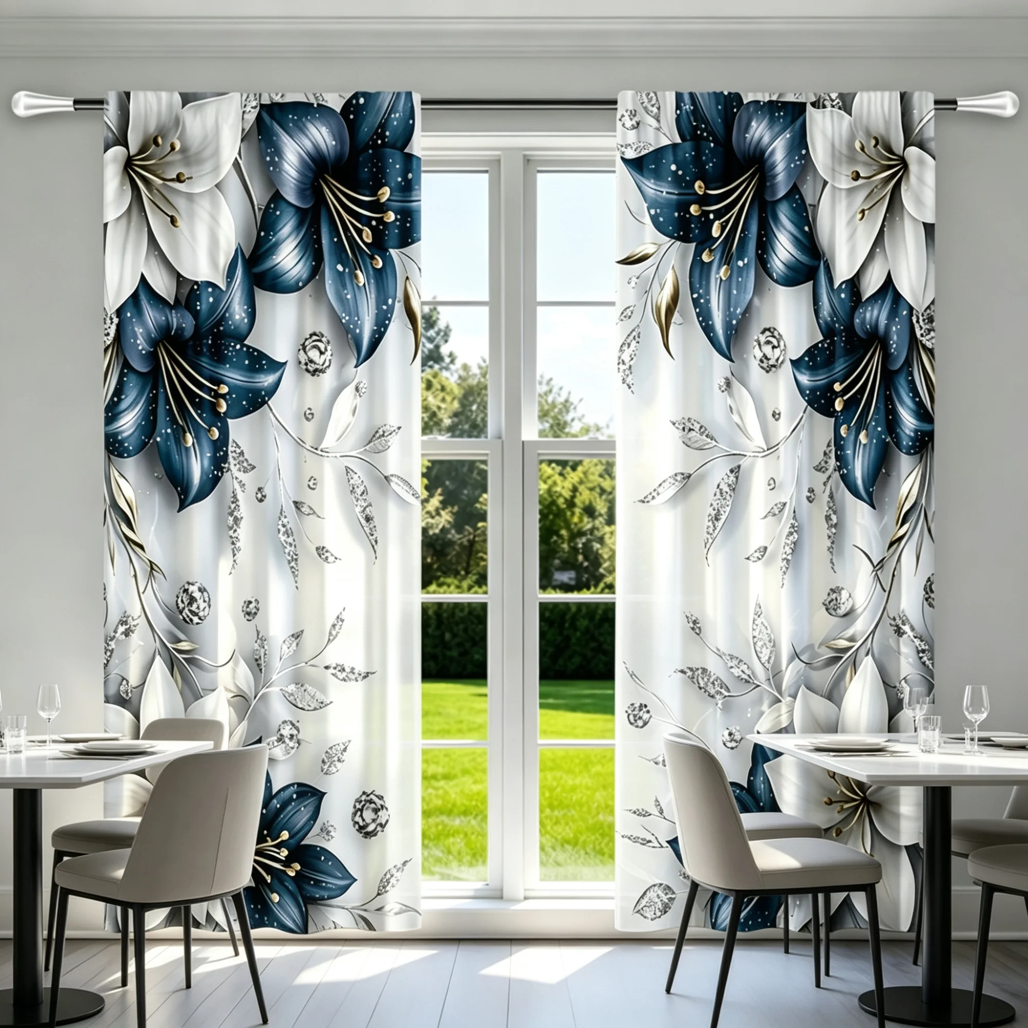 2D Flat 2Pcs Curtains, European Luxury Dark Blue Lily Pattern, Semi-transparent, Rod-Pass, Suitable for Weddings