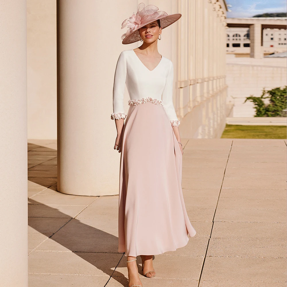 Vestidos de invitados de boda elegantes para mujer, mangas 3/4, cuello en V, vaina, vestidos de Madre de la novia, flores 3D, vestido Formal hasta el tobillo