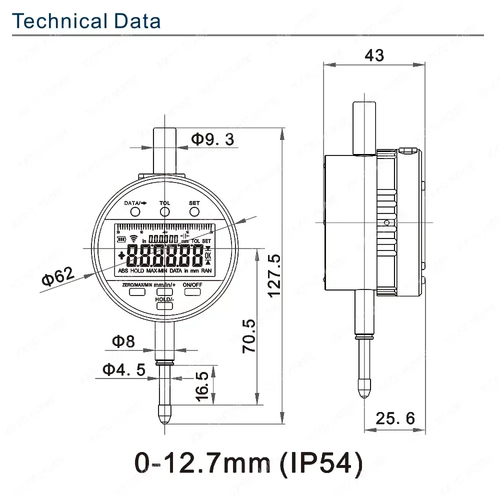 Wireless Digital Indicator 5μm Resolution IP54 Electronic Indicator 0-12.7 /25.4/50.8mm With Rechargeable Battery