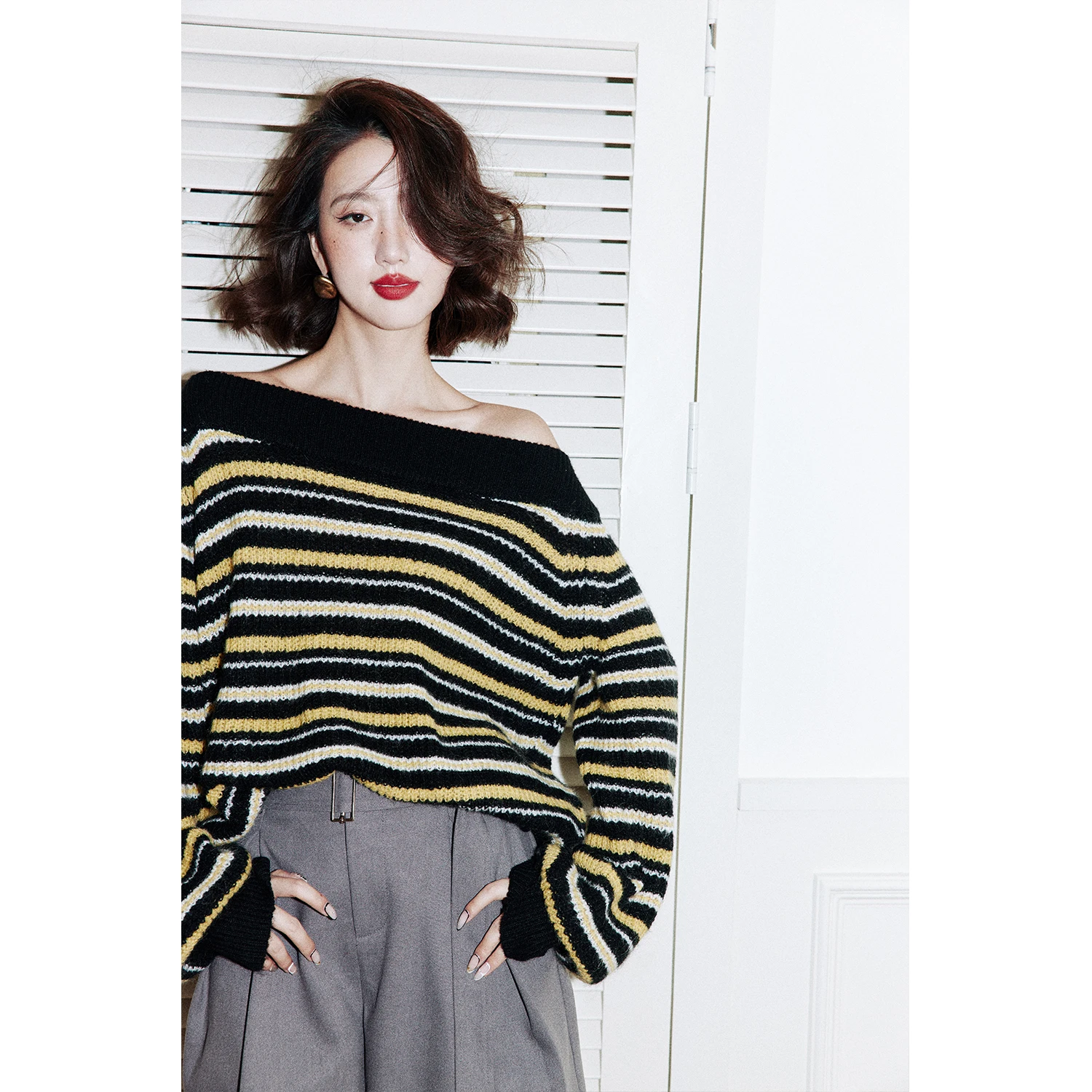

Rosebanks BlaYellow Color Blo Striped One oulder Camere Sweater Warm Cozy Knitted Top for Women