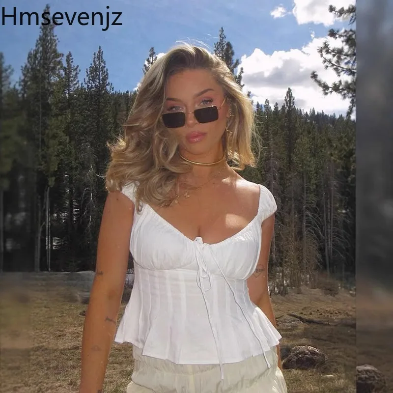 

Hmsevenjz Sweet Hot Girl сексуальный плиссированный жилет на шнуровке с v-образным вырезом для женщин, летний облегающий короткий топ на шнуровке, модная женская одежда