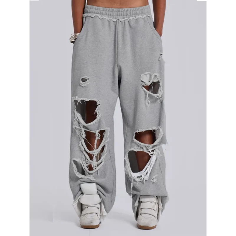Deeptown Y2k Gray Hole Women Pants Jogging Wide Leg American Retro Hip Hop Sweatpants Solid Color Baggy Casual Streetwear Summer