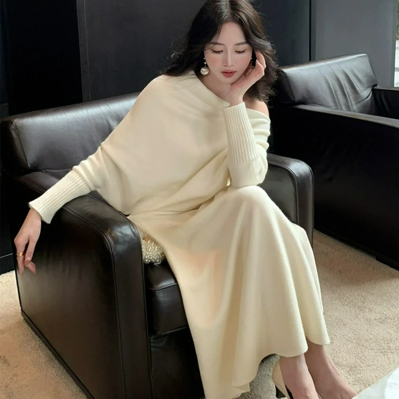 

2026 Autumn/Winter New Arrival Universal Fit Sweater Women Elastic Casual Loose Solid Color Slant Neck Knit Two-Piece Dress Set