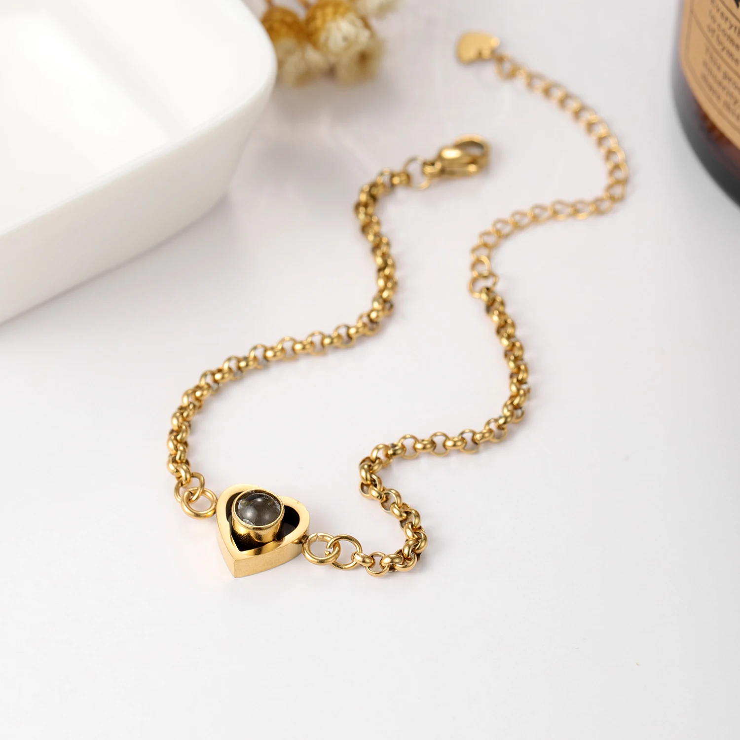 Heart Customized Photo Projection Bracelet Personalised Couple Photos Projection Minimalist Heart Chain Bracelet Gift For Women