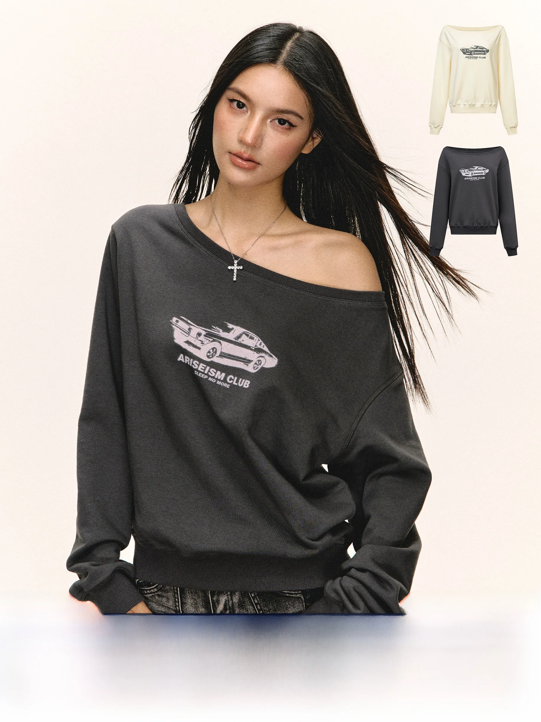 

Толстовка с косой овалью и принтом в американском стиле ретро, женская осенняя новинка, облегающий топ с открытыми плечами