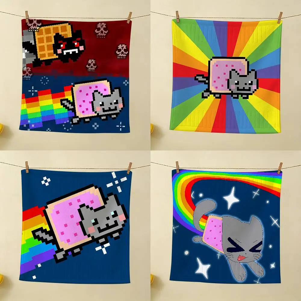 Cartoon N-Nyan Cat Wear Resistant Hand Hanging Kitchen Towel,Polyester Cotton Material, Wiping Towel For Home
