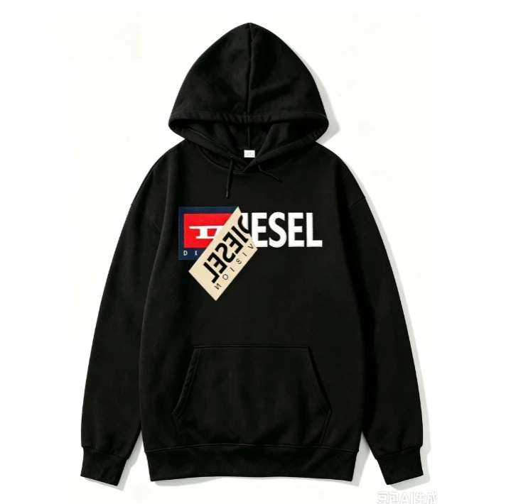 2026 new Drawstring hooded sweater with overlapping sticker-style square logo large bold letter pattern suitable for both