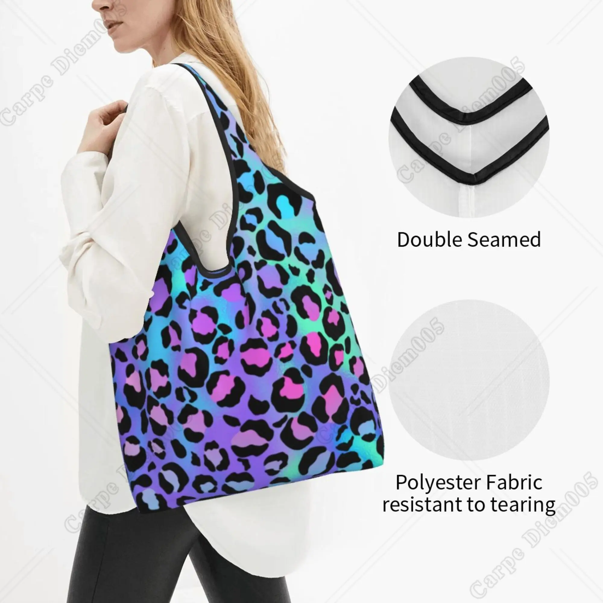 Bolso de compras plegable con estampado de leopardo colorido para hombres y mujeres, bolsa de mano portátil, bolsas de comestibles reciclables para