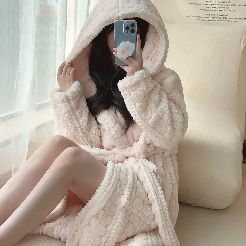 Nightgown Women\'s Autumn Winter Coral Fleece Robe Nightwear Long Plush Thickened Sweet Bathrobe Warm Flannel Home Wear Sleepwear