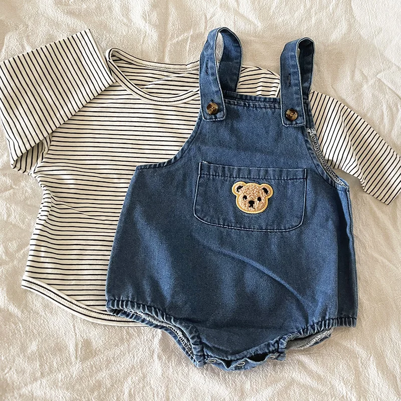 Summer Baby Clothing Set Toddler Girls Striped Tee and Denim Bodysuits 2 Pcs Boys Suits