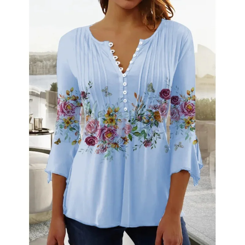 Fashionable New Women's Floral Print V-neck Short Sleeved Pleated Button T-shirt Base Shirt Pullover Seven Quarter Sleeved Top